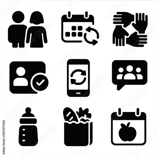 Shared Parenting Icons. Solid, filled icons set of shared parenting responsibilities: partner icon, rotating