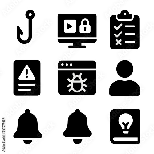 Cybersecurity Icon Grid. Solid, Filled icon set of cybersecurity training and awareness: phishing hook, training video screen,
