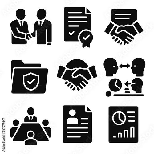 Corporate Dispute Icons. Solid, filled icons set of corporate dispute resolution: office handshake, business