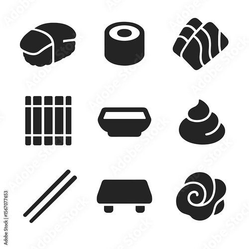 Sushi Icons Set. Solid, filled icon set of hurricane safety measures: boarded window, evacuation sign, windproof latch, storm door