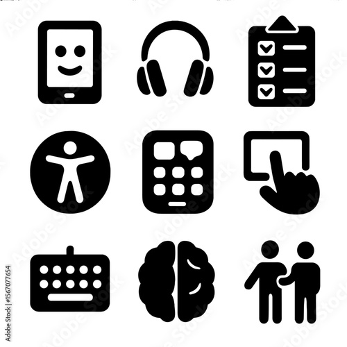 Digital Learning Icons. Solid, filled icon set of digital learning for special needs: tablet with smile, audio headset, visual