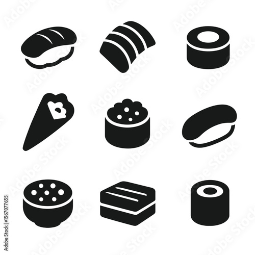 Sushi Icon Grid. Solid, filled icon set of sushi types: nigiri, sashimi, uramaki, temaki, gunkan, inari, chirashi, oshizushi,