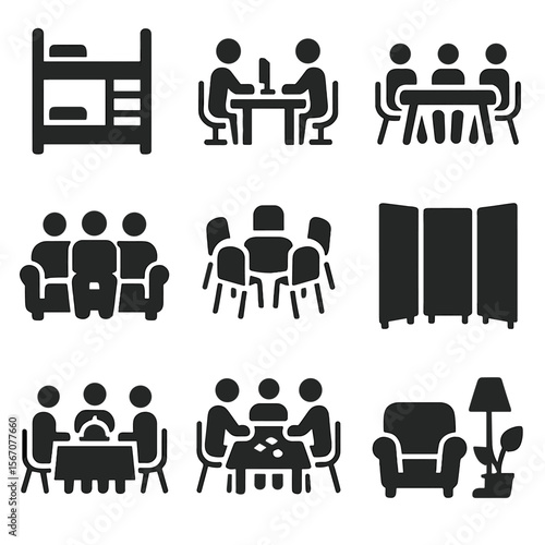 Shared Spaces Icons. Solid, filled icons set of shared spaces and co-living: bunk bed, shared desk, communal