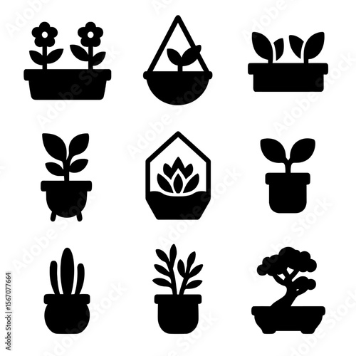 Indoor Plant Icon Set. Solid, filled icon set of indoor flower pots: window sill pot, hanging pot, shelf planter, floor planter,