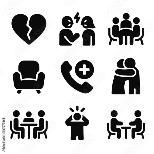 Family Crisis Icons. Solid, filled icon set of family crisis management: broken heart, family argument, support group, therapist