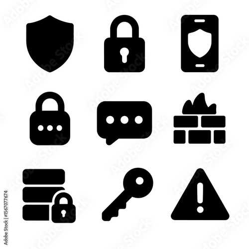 Cybersecurity Icon Grid. Solid, Filled icon set of account security measures: shield emblem, padlock, two-factor auth phone, OTP