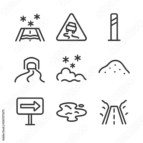 Winter Road Icons. Outline icon set of winter road and driveway conditions: snow-covered road, icy patch warning sign, roadside