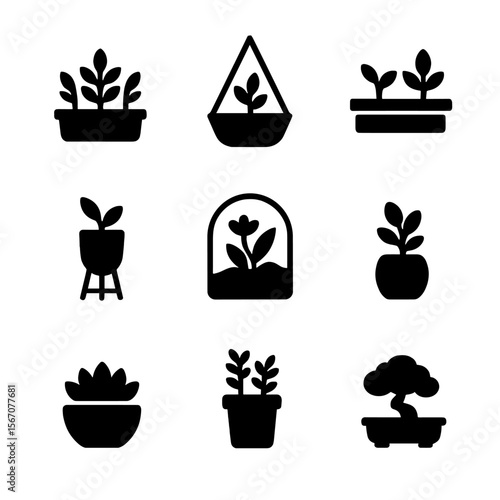 Indoor Plant Icon Set. Solid, filled icon set of indoor flower pots: window sill pot, hanging pot, shelf planter, floor planter,