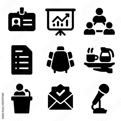Corporate Event Icons. Solid, filled icons set of corporate event coordination: name badge, presentation