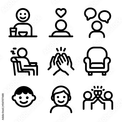 Family Dining Icons. Solid, filled icon set of family dining moods: happy face, heart, conversation bubbles, relaxed posture,