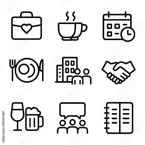 Work-Life Balance Icons. Outline icon set of work-life and friend balance: briefcase with heart, coffee meetup, calendar with time