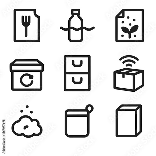 Sustainable Packaging Icons. Solid, filled icon set of innovative sustainable packaging concepts: edible packaging, water-soluble