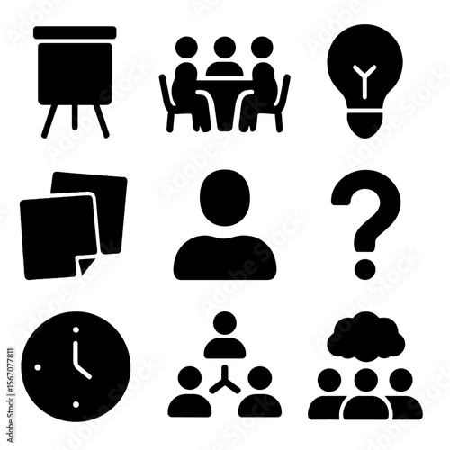 Corporate Workshop Icons. Solid, filled icons set of corporate workshops and collaboration: flip chart, group