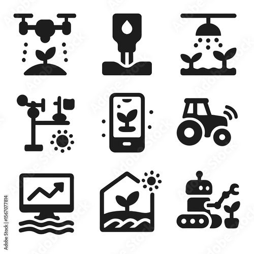 Smart Agriculture Icons. Solid, filled icons set of smart agriculture solutions: drone survey, soil sensor,