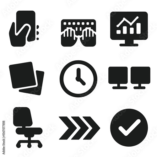 Corporate Icon Set. Solid, filled icons set of corporate multitasking moments: phone in hand, keyboard typing,