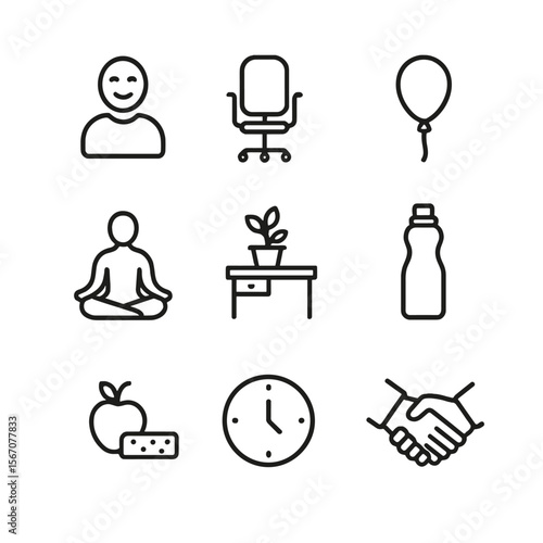 Workplace Well-being Icons. Outline icon set of workplace well-being: happy employee silhouette, ergonomic chair, stress relief