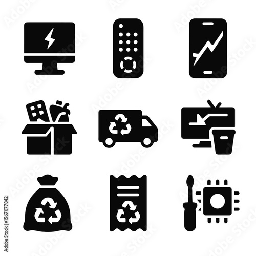 E-Waste Icon Set. Solid, filled icon set of e-waste collection: broken device, old remote, cracked phone, electronics box,