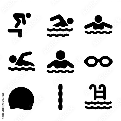 Swimming Pool Icons. Solid, filled icon set of swimming pool activities: swimmer diving, freestyle stroke, butterfly stroke,