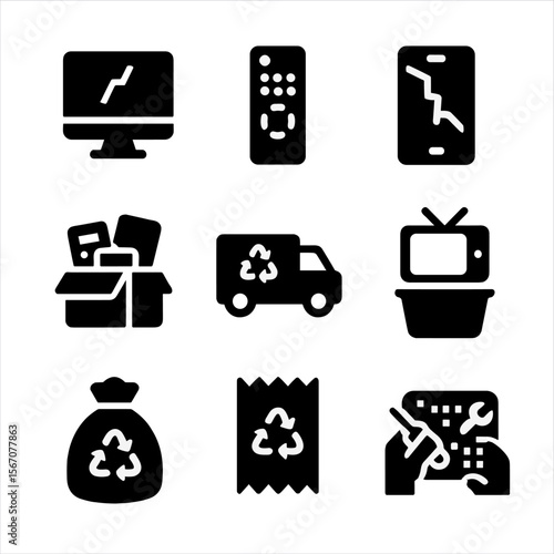 E-Waste Icon Set. Solid, filled icon set of e-waste collection: broken device, old remote, cracked phone, electronics box,