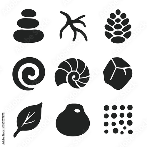 Earthy Design Icons. Solid, filled icon set of earthy design motifs: pebble stack, curved root, pinecone, natural swirl, shell