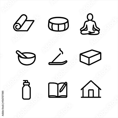 Yoga Retreat Outline Icons. Outline icon set of yoga and meditation retreat: yoga mat, meditation cushion, lotus pose silhouette,