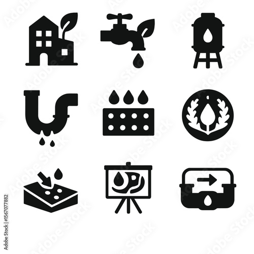 Eco Construction Icons. Solid, filled icon set of sustainable construction and water: eco building, green plumbing icon, rooftop