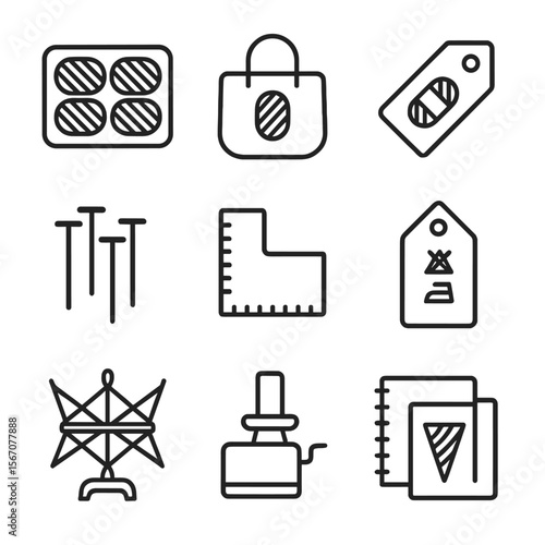 Yarn Care Icon Set. Outline icon set of yarn care and project organization: yarn skein storage, project bag, yarn label tag,