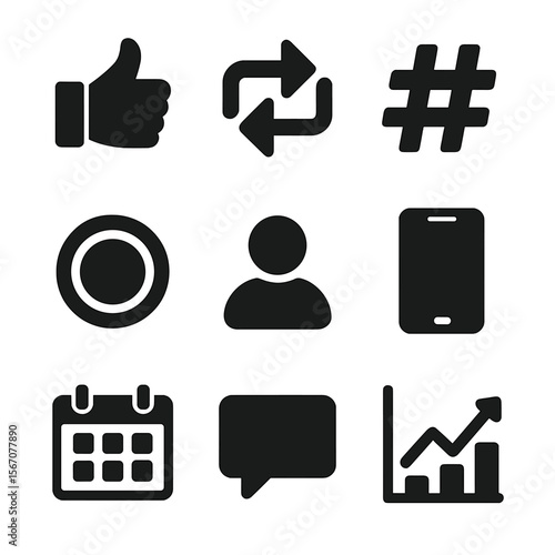 Social Media Icon Set. Solid, filled icons set of social media marketing: like icon, retweet arrows, hashtag,
