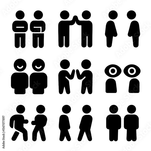 Synchronized Gesture Icons. Solid, filled icon set of mirroring and synchrony: matched posture, shared gestures, synchronized