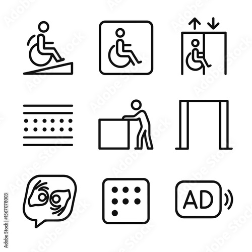 Accessibility Icon Set. Outline icon set of accessibility and inclusive environments: wheelchair ramp, accessible restroom sign,
