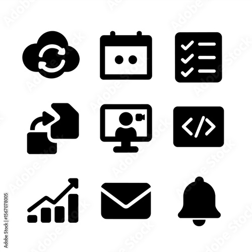Digital Tools Icons. Solid, filled icon set of digital tools and apps: cloud sync, calendar app, to-do list, video conference,