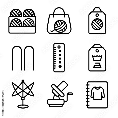 Yarn Care Icon Set. Outline icon set of yarn care and project organization: yarn skein storage, project bag, yarn label tag,