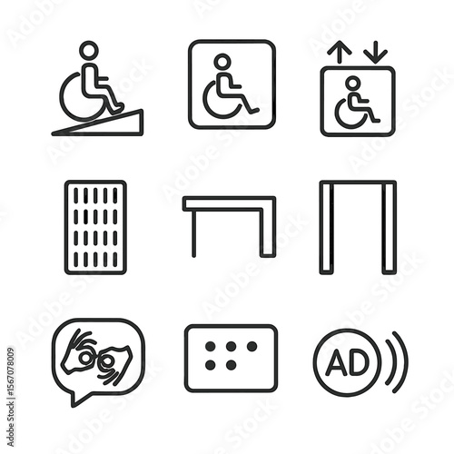 Accessibility Icon Set. Outline icon set of accessibility and inclusive environments: wheelchair ramp, accessible restroom sign,