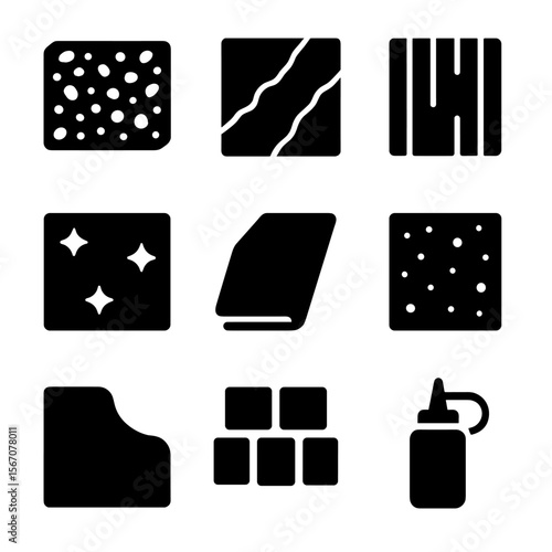 Countertop Material Icons. Solid, filled icons set of countertop materials and finishes: granite slab, marble