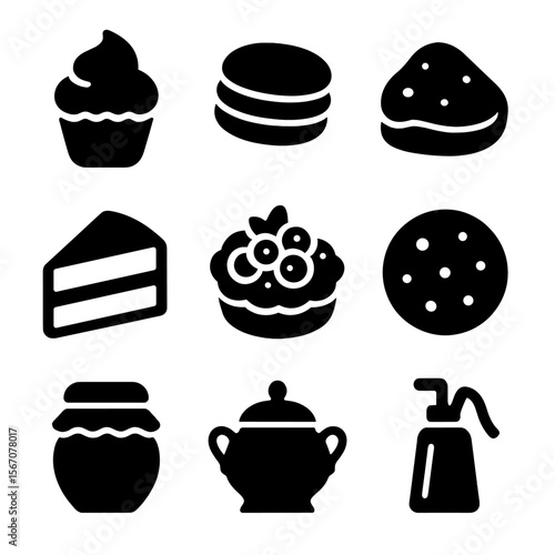 Tea Party Icons. Solid, filled icon set of tea party treats: cupcake, macarons, scone, cake slice, fruit tart, cookie, honey jar,