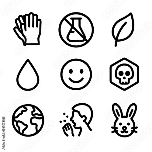 Eco-Friendly Cleaning Icons. Solid, filled icon set of eco cleaning safety and benefits: hand gloves, no harsh chemicals sign,