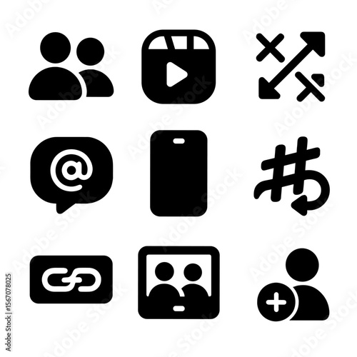 Social Media Icon Set. Solid, filled icons set of social media collaborations: double avatar, Instagram reel,