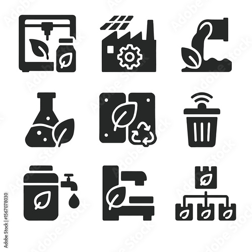 Eco Manufacturing Icons. Solid, filled icon set of eco-friendly manufacturing: 3D printer with bioplastic, solar-powered factory,