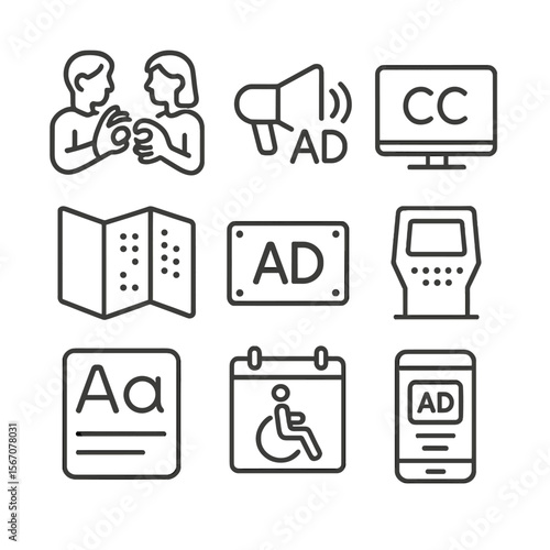 Accessible Advertising Icons. Outline icon set of accessible advertising channels: sign language interpreter, audio description