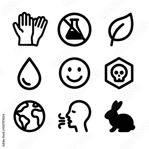Eco-Friendly Cleaning Icons. Solid, filled icon set of eco cleaning safety and benefits: hand gloves, no harsh chemicals sign,