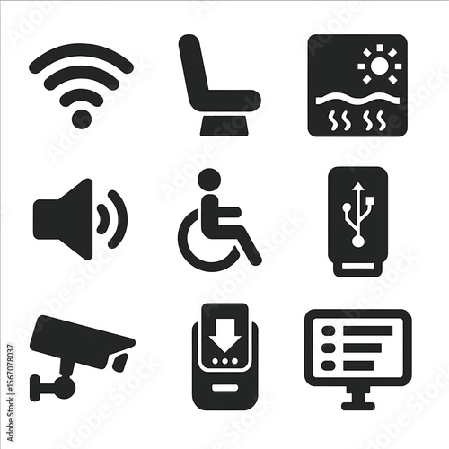 Solar Transport Amenities. Solid, filled icons set of passenger amenities on solar transport: Wi-Fi hotspot,