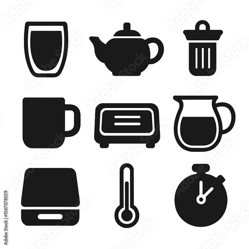 Teaware Icon Collection. Solid, filled icon set of teaware elements: double-walled glass, clay teapot, metal infuser, ceramic mug,