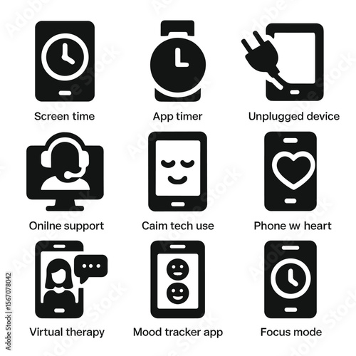 Digital Wellness Icons. Solid, filled icon set of digital wellness for students: screen time icon, app timer, unplugged device,