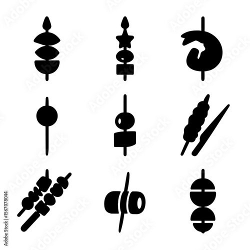 Delicious Skewer Icons. Solid, Filled icon set of skewers and toothpick bites: caprese skewer, fruit skewer, shrimp skewer,