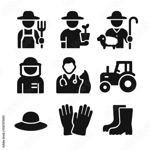 Farm Life Icons. Solid, filled icon set of farm life people roles: farmer, gardener, shepherd, beekeeper, vet, tractor driver,