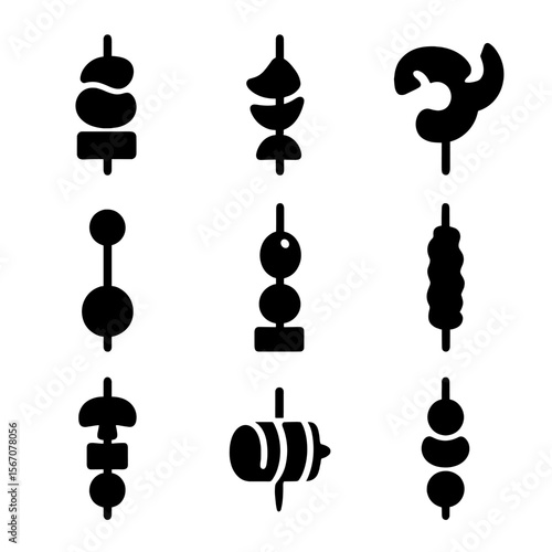Delicious Skewer Icons. Solid, Filled icon set of skewers and toothpick bites: caprese skewer, fruit skewer, shrimp skewer,