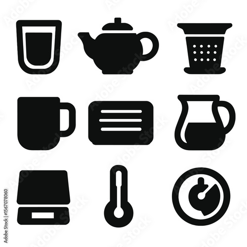 Teaware Icon Collection. Solid, filled icon set of teaware elements: double-walled glass, clay teapot, metal infuser, ceramic mug,