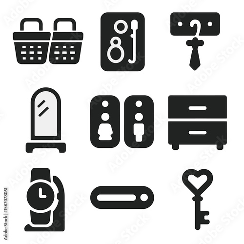 Couple's Closet Icons. Solid, filled icons set of storage solutions for couples: matching baskets, jewelry