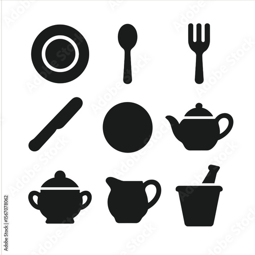 Dining Tableware Icons. Solid, filled icon set of dining tableware: china plate, soup spoon, dessert fork, butter knife, salad