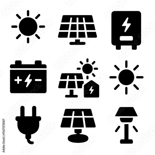 Solar Energy Icons. Solid, filled icons set of solar energy and storage: sun icon, solar panel, solar inverter